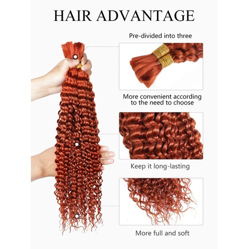Human Braiding Hair 1 Bundle 100g 20 Inch Deep Water Wave Bulk Human Hair for Braiding No Weft 10A Brazilian Virgin Curly Human Hair Extensions for Boho Braids Wet and Wavy Ginger Braiding Hair