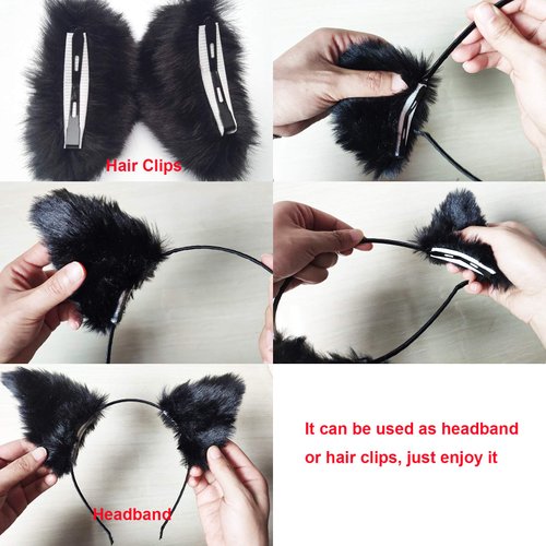 Cat Ears Headband Hair Clips Fox Ears Hair Bands Barrettes Women Furry Kitty Kitten Cat Headpiece Hairband Hair Hoop Halloween Party Decoration Cosplay Costume Handmade Hair Accessories Black Black