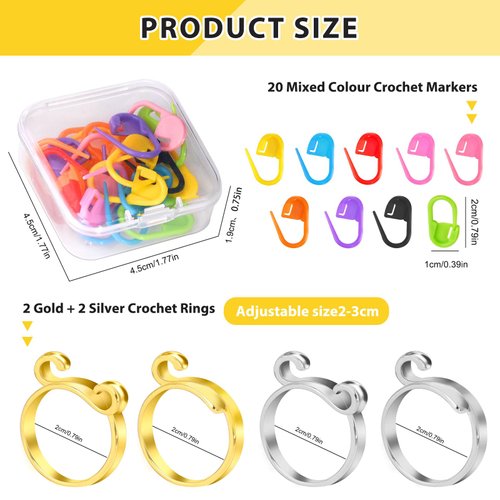 4 PCS Crochet Ring, Crochet Tension Ring, Crochet Accessories, Stitch Markers for Crochet with Storage Case, 20 PCS Color Mixing Crochet Stitch Markers, New Ring 2 in Diameter（Gold Silver）