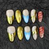 TENPAL Metallic Press on Nails Almond Nails Press ons Full Cover Golden Fake Nails With Glue Handmade Acrylic False Nails With Sweet Cool Y2k 3D Waves Designs 10pcs/Box Stick on Nails For Women(S)