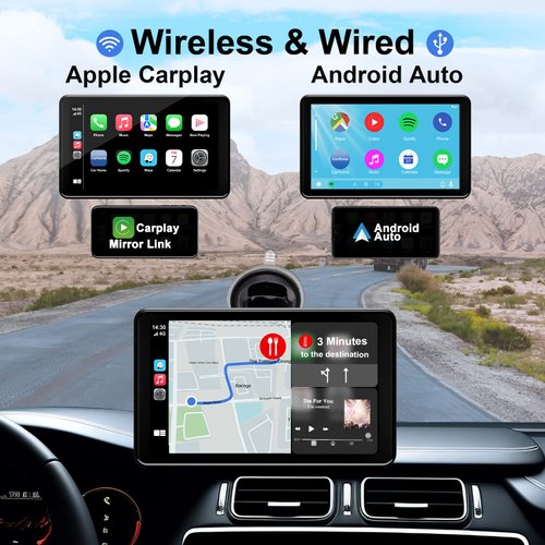 Jimtour Wireless Car Stereo with 7 Inch Touchscreen, Bluetooth Handsfree, Apple Carplay & Android Auto, GPS Navigation, FM/AUX/USB