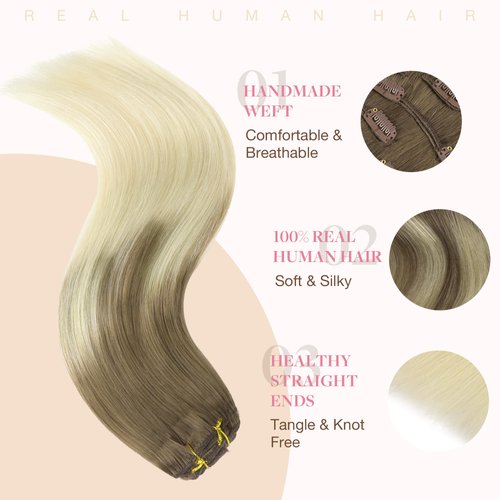 GOO GOO Clip in Hair Extensions Real Human Hair, 16inch 120g 7Pcs, 9/60 Balayage Ash Brown to Platinum Blonde, Remy Human Hair Extensions Clip ins for Women, Natural Human Hair
