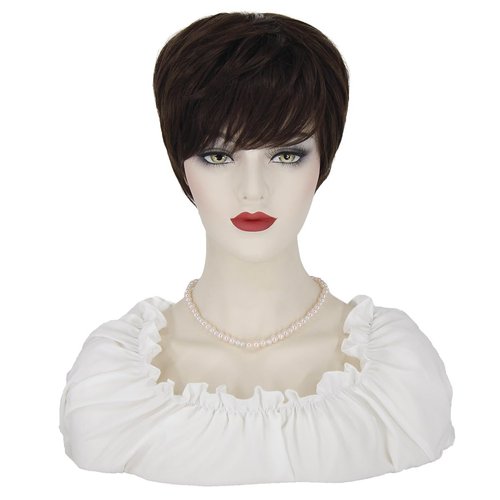 KEAT Brown Wigs for White Women Short Brown Wigs for Women Straight Brown Bob Wig Pixie Wigs for White Women with Bangs Natural Cute Synthetic Wigs for Daily Party K024BR