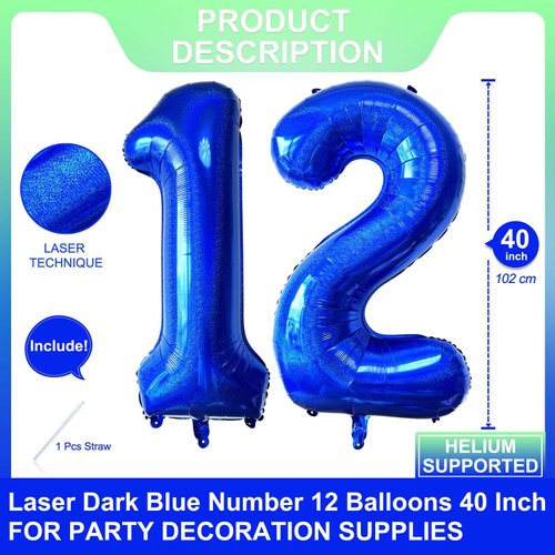Blue 12 Number Balloons 40 Inch Giant Laser Navy Blue 12 Helium Balloons for 12th Boys Birthday Party Supplies 12th Anniversary Events Decorations