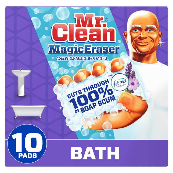 Mr. Clean Magic Eraser, Bathroom, Shower, and Shoe Cleaner with Febreze Lavender Scent, Cleaning Pads with Durafoam, 10 Count