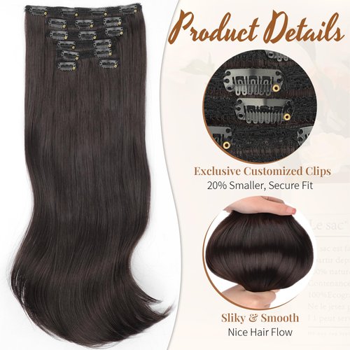 KooKaStyle Clip in Hair Extensions Thick Long Straight Hair Extensions Upgrade Soft Lace Weft Lightweight 7PCS Layered Hair Extensions Dark Brown 20Inch for Women