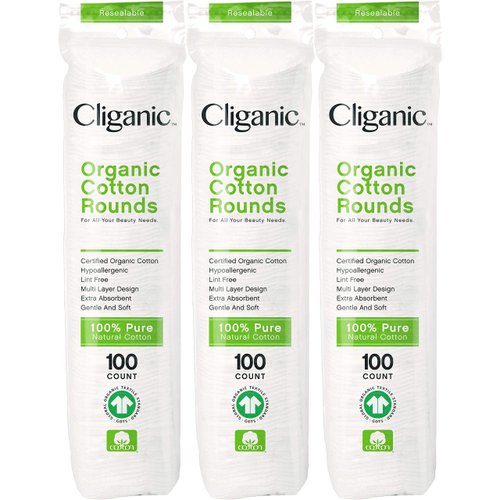 Cliganic Organic Cotton Rounds (300 Count) Makeup Remover Pads, Hypoallergenic, Lint-Free | 100% Pure Cotton