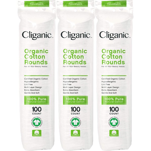 Cliganic Organic Cotton Rounds (300 Count) Makeup Remover Pads, Hypoallergenic, Lint-Free | 100% Pure Cotton