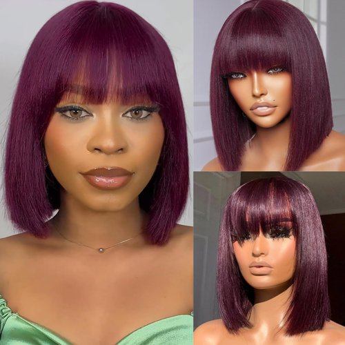 Ulaphence 99J Burgundy Colored Straight Short Bob Wigs with Bangs Glueless Full Machine Made 180% Density Human Hair Bob Wigs Purple Burgundy None Lace Front Wigs Human Hair for Women 12 Inch