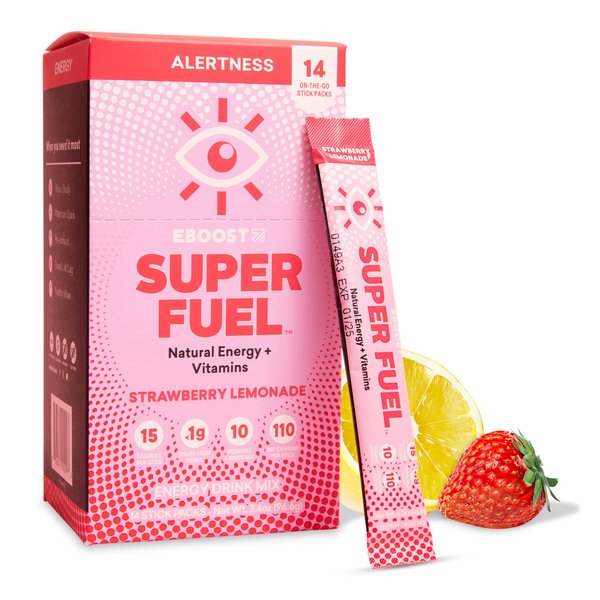 EBOOST Energy Drink Powder, Super Fuel - Strawberry Lemonade, 14 Packets - Pre-Workout Powder Energy Drink Mix - Natural Energy, L-Tyrosine, L-Theanine & Vitamins - Preworkout for Women & Men to Go