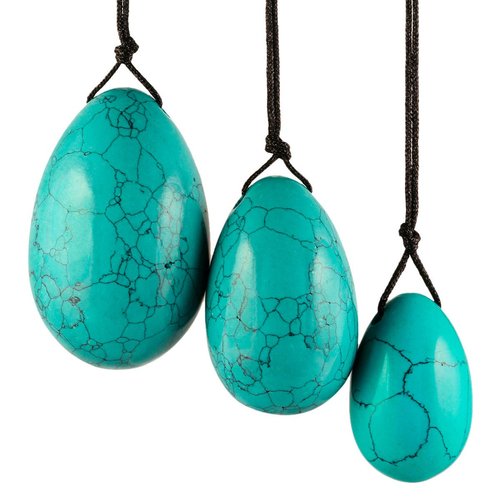 mookaitedecor Green Howlite Turquoise Yoni Eggs Set of 3, Predrilled with Unwaxed String, Massage Stones for Women to Strengthen Pelvic Floor Muscles with Velvet Pouch