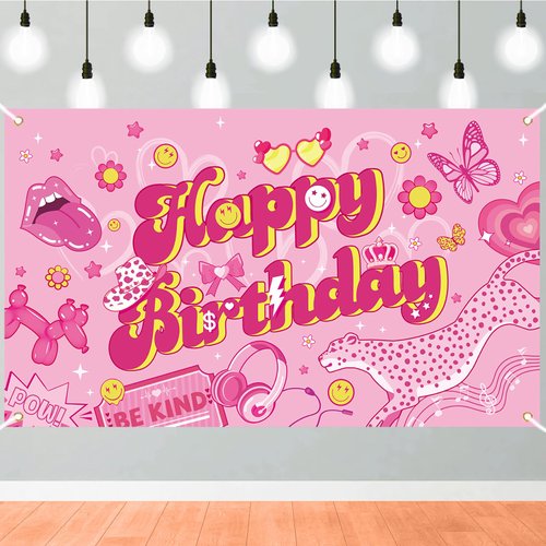 Qpout Preppy Happy Birthday Backdrop Pink Preppy Birthday Banner Hot Pink Birthday Photography Background for Girls Women Preppy Party Decorations Hot Pink Birthday Decorations