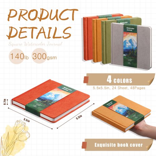 Mooliwe 4 Pcs Watercolor Paper Sketchbook 5.5" x 5.5" Watercolor Travel Journal 300 GSM Cotton Paper Cold Press 48 Pages Drawing Papers Artist Paper Pads Gift for Christmas(Autumn Colors)