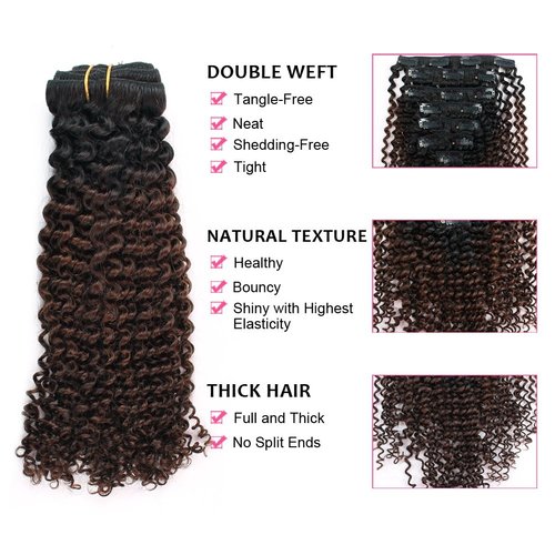 ABH AmazingBeauty Hair 3C 4A Kinkys Curly Ombre Hair Extensions Double Weft Real Remy Human Hair for African American, Natural Black Fading into Chocolate Brown Two Tone Color TN-4, 18 Inch