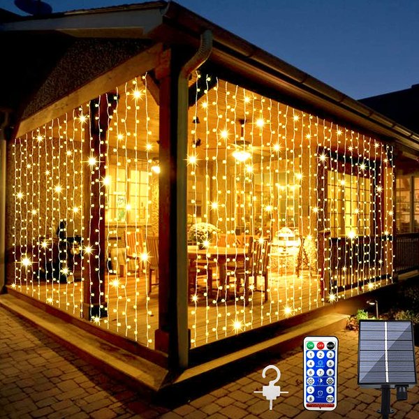 Upgraded Solar Curtain Lights Outdoor Garden Fairy String Lights 300 LED 8 Modes Remote Control Waterproof Solar Waterfall Lights for Gazebo Patio Party Festival Wedding Christmas Decorations(Warm)