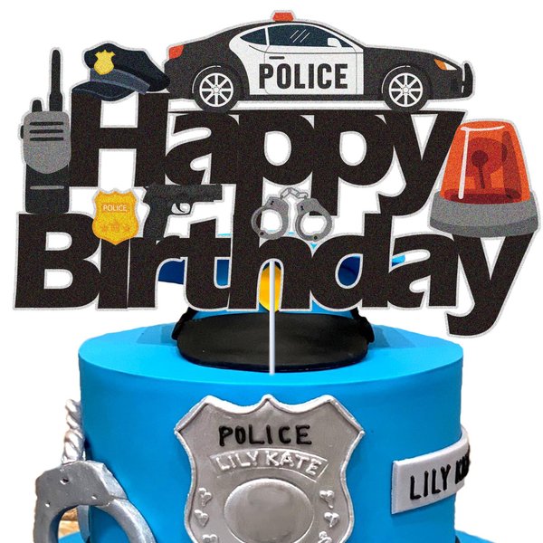 Police Happy Birthday Cake Topper Black Glitter Cake Decorations Rescue Police Car Police Officer Party Decorations Boys Girls Kids Call Unit Themed Birthday Party Supplies