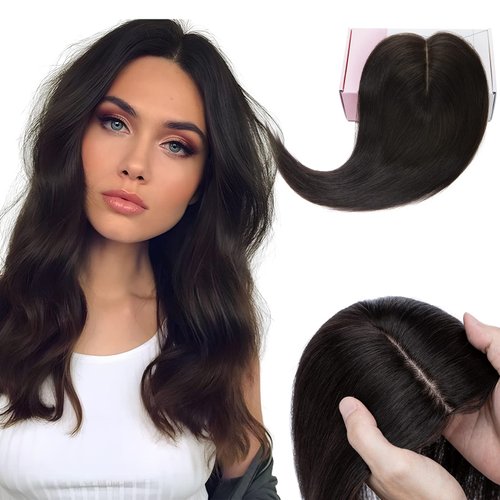 Elailite Human Hair Toppers for Women with Thinning Hair Clip in V3.0 Real Hair Pieces 18 Inch Middle Parting for Top Hair Loss Cover Gray Fine Hair [Style-C] #1B Natural Black