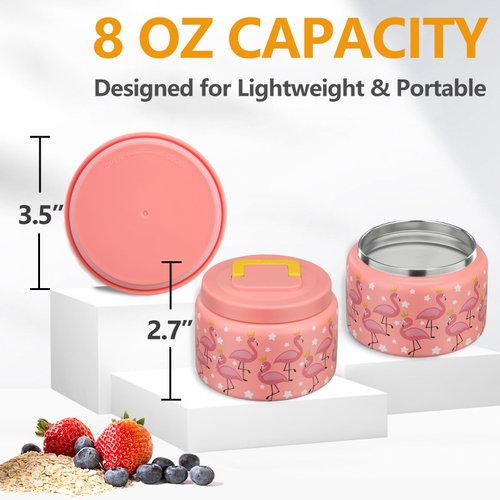 PIQUEBAR 8 Ounce Kids Thermo For Hot Food Vacuum Soup Thermo Insulted Food Jar, Lunch Container Food Thermo for School, Travel, Stainless Steel(Pink Flamingos)