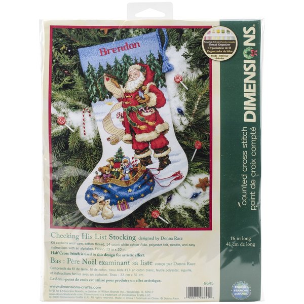 Dimensions Counted Cross Stitch ''Checking His List'' Personalized Christmas Stocking Kit, 14 Count White Aida, 16''