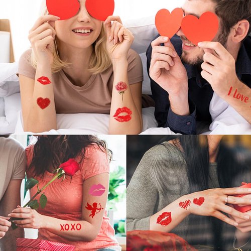 84 Pcs Valentines Temporary Tattoo Stickers Red Lips Heart Love Rose Fake Tattoo Stickers Valentines Day Party Supplies Women Girls man Face Stickers Themed Decorations (10 Sheets)