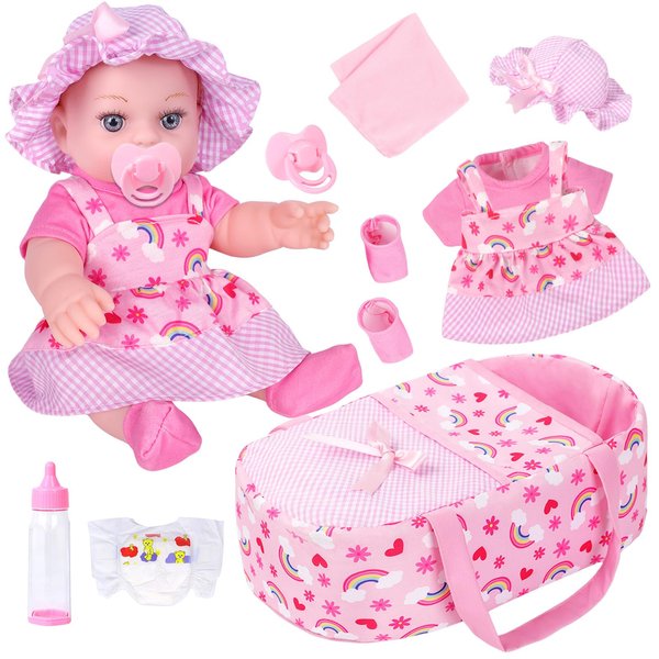 ZQDOLL 12" Baby Dolls with Carrier Bassinet Playset,Rainbow Theme Reborn Baby Doll Clothes and Accessories Include Pacifier Bottle Towel Diaper Toy Gift for Toddlers Kids 3 and Up