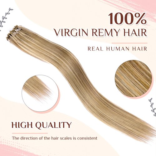 KiiKiiGirl Virgin Microlink Hair Extensions - Human Hair,22inch Micro link Hair Extensions Human Hair Micro Beads Hair Extensions Human Hair Blonde Highlighted Bleach Blonde 30G/Pack