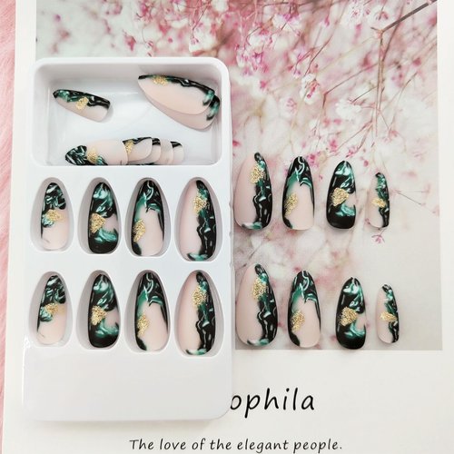 Press on Nails Almond Green Smudge False Nails Designs Medium Long Acrylic Nails Glossy Fake Nails Artificial Glue on Nails for Women 24 Pcs / 12 Size