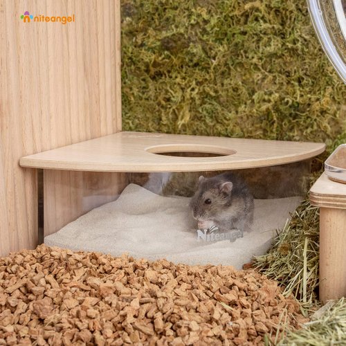 Niteangel Animal Sand-Bath Box: - Acrylic Critter's Sand Bath Shower Room & Digging Sand Container for Hamsters Mice Lemming Gerbils or Other Small Pets (Triangle, Burlywood)