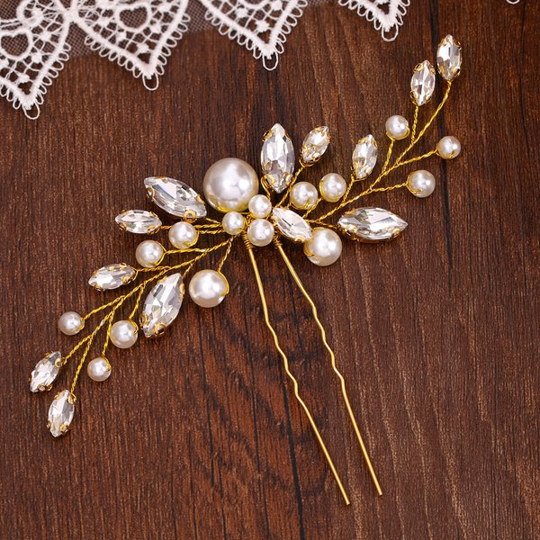 GENBREE Pearl Bride Wedding Hair Pin Gold Crystal Hair Piece Bridal Hair Accessories for Women and Girls
