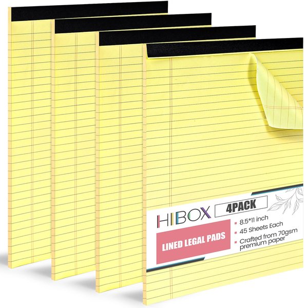 HIBOX 4PCS Legal Pads, 8.5x11inch 45 Sheets Wide Ruled Lined Perforated Notepads Writing Pads Yellow Paper Pads for Student Study Work Office