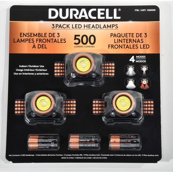 Duracell LED Headlamps 500 Lumens, 4 Light Modes, Weather Resistant, 3 Pack
