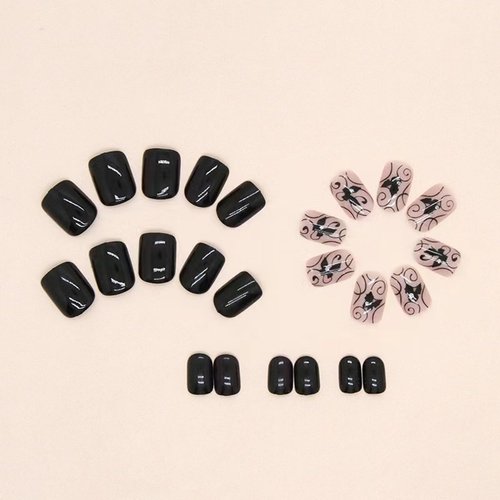 Short Press on Nails Square Fake Nails Black False Nails with Design Butterfly Stick on Nails Glossy Acrylic Nails Full Cover Glue on Nails Cute Artificial Nails for Women Girls Manicure 24Pcs