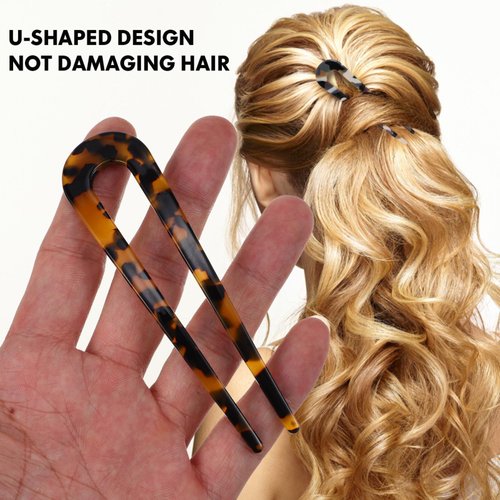 Beaupretty 8 Pieces French Hair Pins Vintage Hair Forks Cellulose Acetate Tortoise Shell U Shaped Hair Pins Updo Hair Sticks Hair Bun Clips for Thin Thick Hair