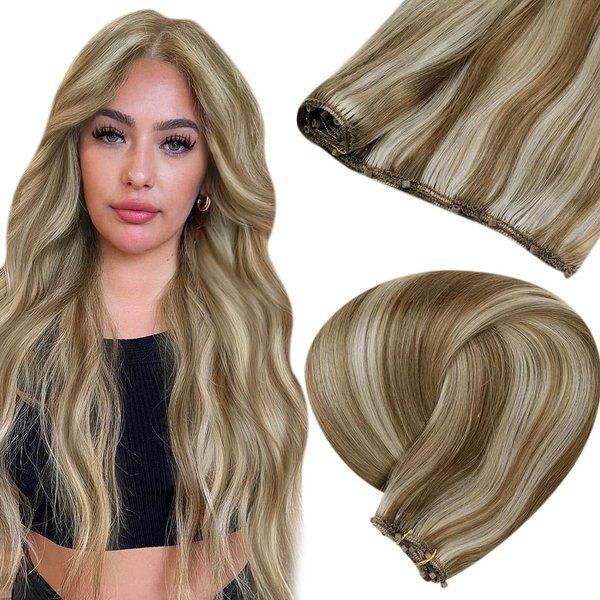 LaaVoo Beaded Weft Hair Extensions Real Human Hair Light Brown Highlight with Platinum Blonde Micro Beaded Weft Extensions Human Hair EZE Weft Human Hair Extensions 50g 18"