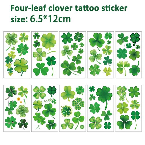 10PCS St. Patrick's Day Face Tattoos for Kids Shamrock Patterned Tattoos Irish Clover Watercolour Makeup Tattoo Stickers Fake Tattoos for Saint Patricks Day Party Supplies