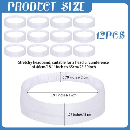 Yunlly 12 Pcs White Headband for Tie Dye Party Supplies Cotton Headbands for Women Tie Dye Elastic Head Bands Stretchy Non Slip White Head Wrap Holder for Girls Accessories