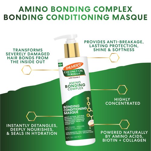 Palmer's Amino Bonding Complex Hair Mask, Intense Conditioning Masque Pack with Coconut Oil & Vitamin E, Heat Protectant, Anti Frizz, Adds Shine, Protects Hair Growth, All Hair Types, 12 fl. oz bottle