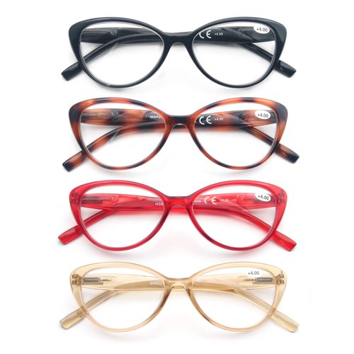 OLOMEE Women's Reading Glasses +2.00 Cat Eye Ladies Readers Stylish Modern Cateye Cheaters 4 Pack Lightweight Frame Comfortable Fit Spring Hinge