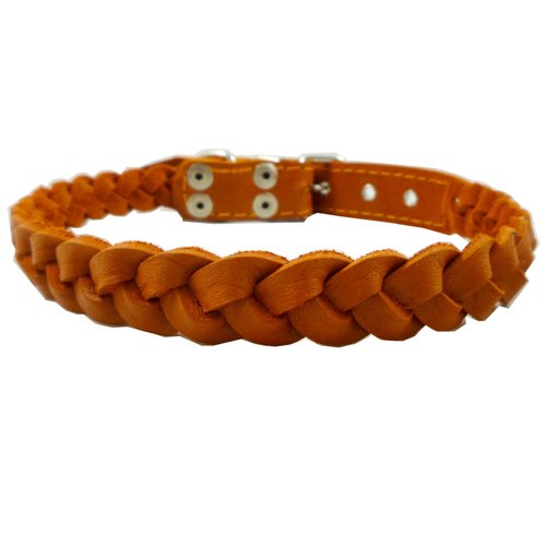 Genuine Leather Braided Dog Collar 14.5"- 17" Neck, 3/4" Wide, Orange