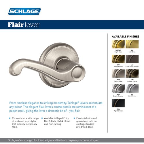 Schlage F40 V FLA 609 Flair Door Lever, Bed & Bath Privacy Lock, Antique Brass