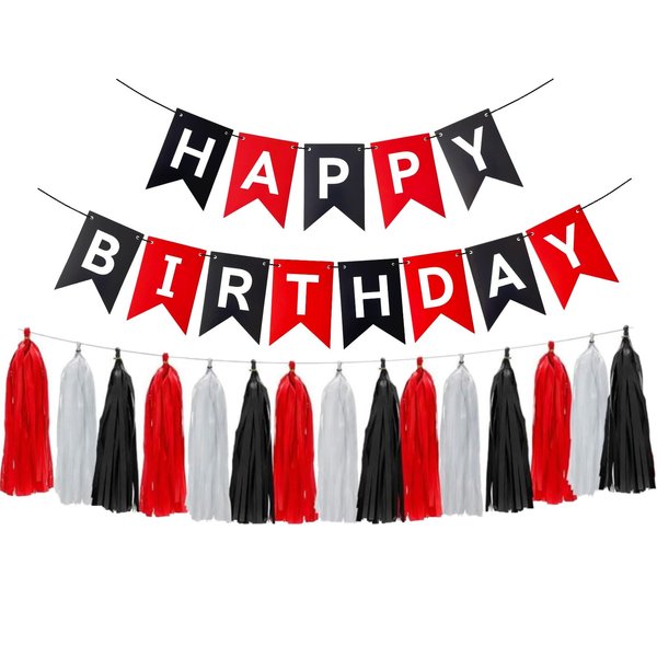 Runhiskii Black Red Happy Birthday Banner, Black White Red Tissue Paper Tassels Garland, Happy Birthday Decorations for Men Women Boys Girls