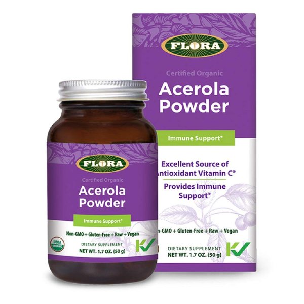 Flora - Acerola Powder, Daily Immune Booster with Vitamin C, Gluten Free & Vegan Vitamin C Antioxidant Powder, 1.7-oz. Glass Bottle