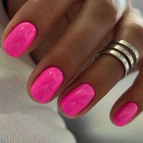 GLAMERMAID Press on Nails Extra Short Squoval, Spring Summer Hot Pink Jelly Gel Glue on Nails, 24Pcs Glossy Round Reusable UV Finish Fake Nails Acrylic False Nails Manicure Kits for Women Grils Gift