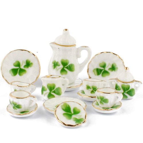 NW 1 Set 15 Pieces 1:12 Ceramics Tea Cup Set Lovely Dollhouse Decoration Set Dollhouse Kitchen Accessories(#6)