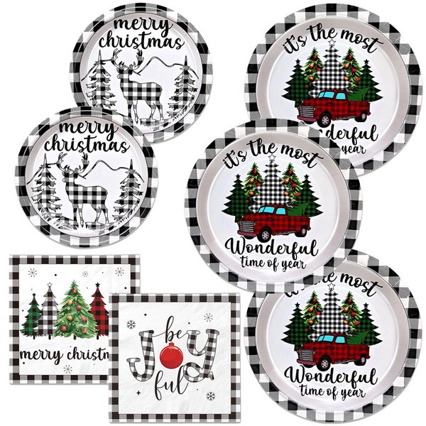 144Pcs Buffalo Plaid Christmas Decorations Christmas Party Supplies Tableware Set Christmas Buffalo Plaid Decorations Christmas Plates and Napkins for Christmas Party Decorations