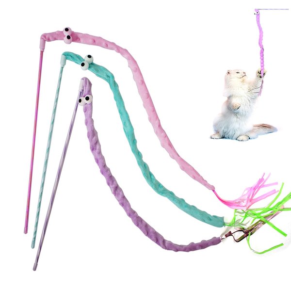 lpdrzka Cat Wand Toys, 3 PCS Cute Plush Snake Kitten Wands Soft Cat Teaser Wands Interactive Cat Toys for All Breed Sizes