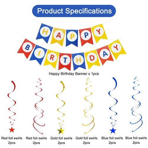BEISHIDA Red Blue Gold HAPPY BIRTHDAY Banner with 12pcs Red Blue Gold Stars Hanging Swirls Garland Birthday Party Decorations Sets for Birthday Party Supplies, Kids Girls Birthday Decorations