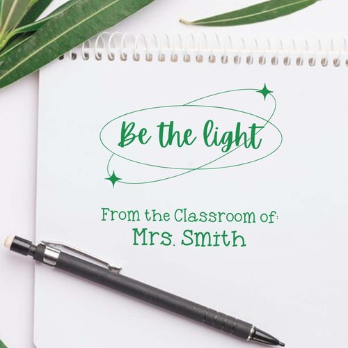 Custom Name Stamp Slim Pre-Inked Personalized Stamp with Be The Light Design, Custom-Made 1-5/8" Square Teacher Stamp for Classroom Materials, Durable and Easy to Use