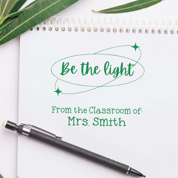 Custom Name Stamp Slim Pre-Inked Personalized Stamp with Be The Light Design, Custom-Made 1-5/8" Square Teacher Stamp for Classroom Materials, Durable and Easy to Use