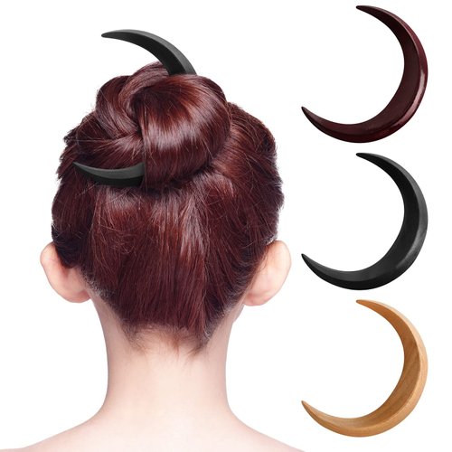 3 Pcs Hand Carved Crescent Moon Hair Fork for Women Moon Hair Stick 3.5'' Wooden Moon Hair Clip Crescent Moon Hairpin Wood Moon Hair Accessories Crescent Hair Styling Pins 3 Color, Small Size